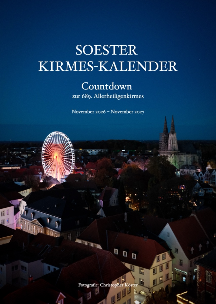 Titelseite des Soester Kirmes-Kalenders: Riesenrad und Wiesenkirche bei Nacht